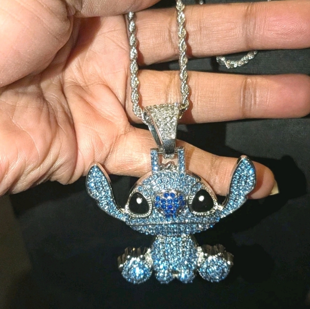 Stitch Character Rhinestone Pendant on Silver-Tone Bling Hip Hop Necklace 24"